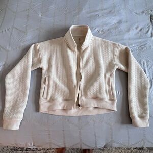Cream Waffle Knit Zip-Up Bomber Jacket – Size M